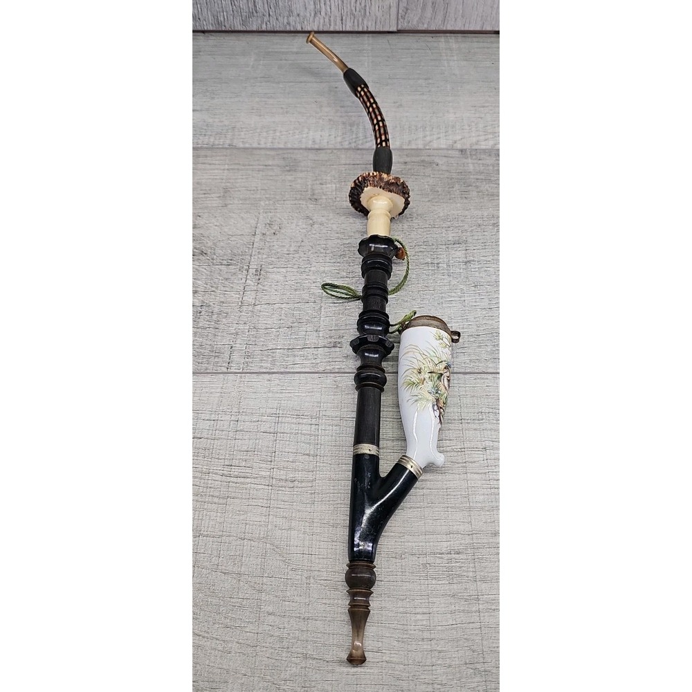 Vintage German Porcelain 18" Pipe Hand Painted Art Work Black Forest Stag Antler